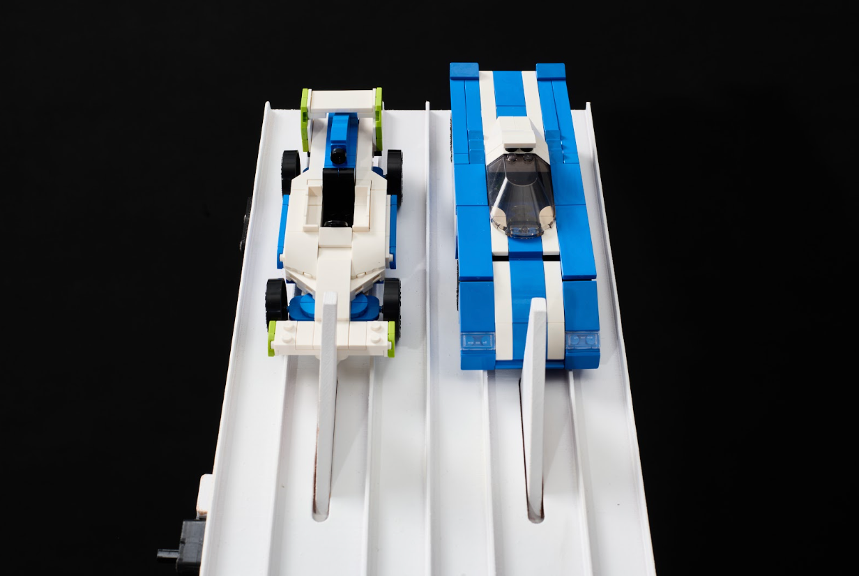 Brick Derby racers lined up at the starting point