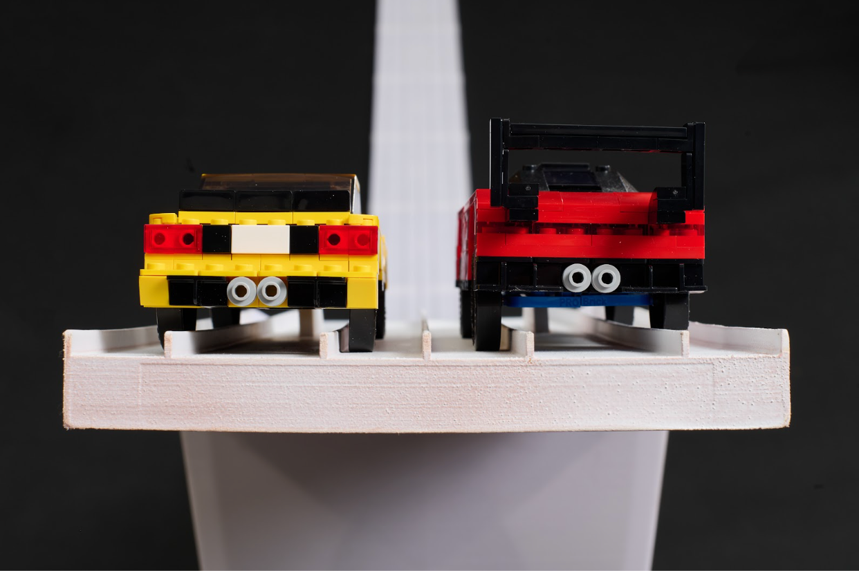 Brick Derby racers lined up on the Fast Track